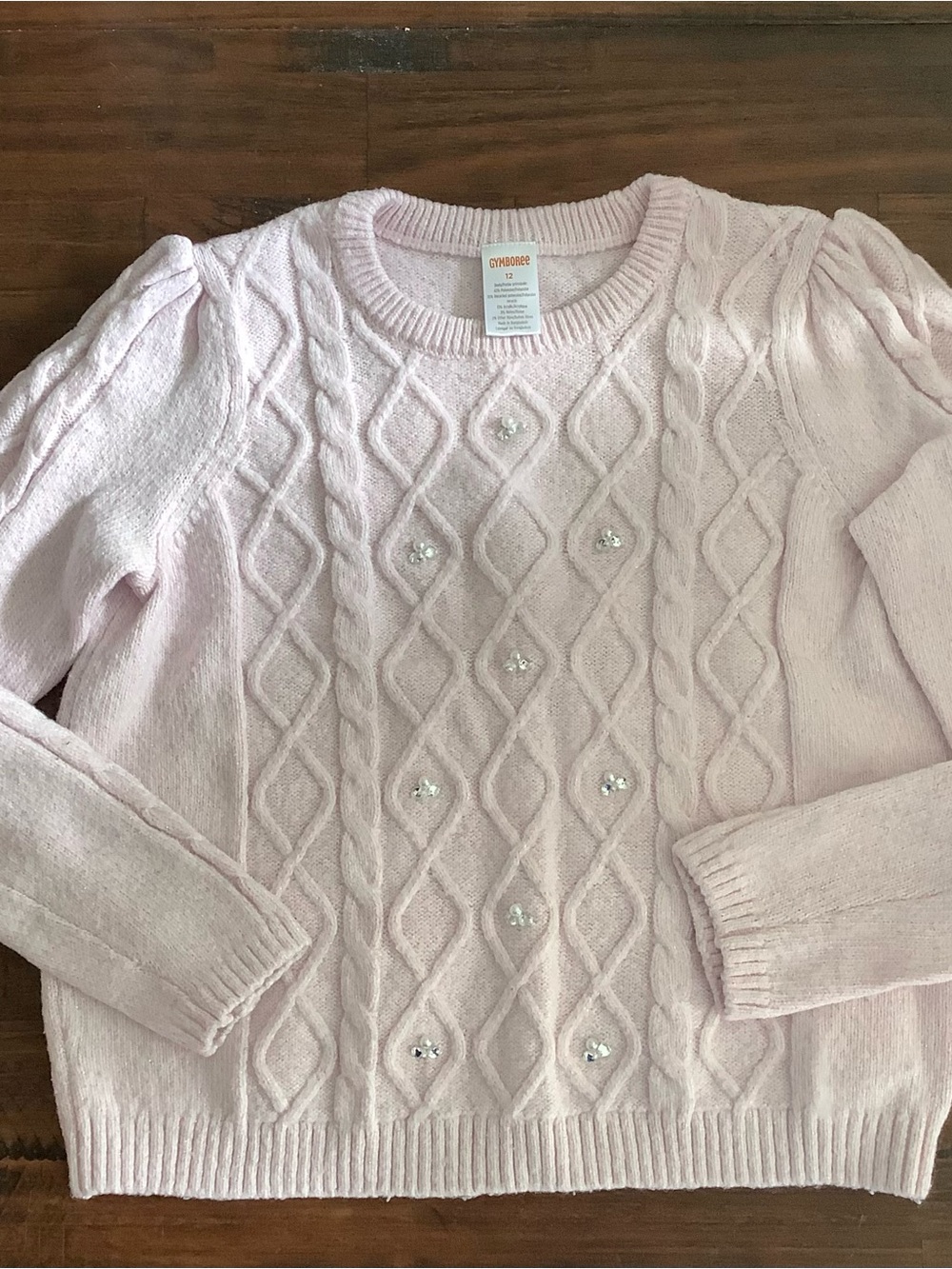 Gymboree Girl's Size 12 Pink Cable Knit Sweater w/ Pearl Rhinestone Clusters
